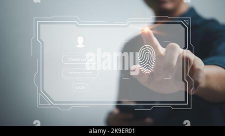 scan fingerprint into computer system with login and password man touching virtual screen Stock Photo