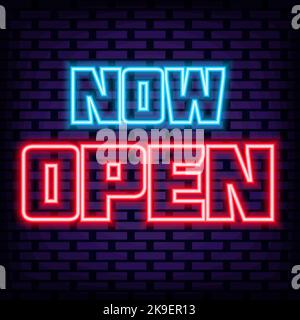 Now Open Neon quote. Neon script. Light art. Stock Vector