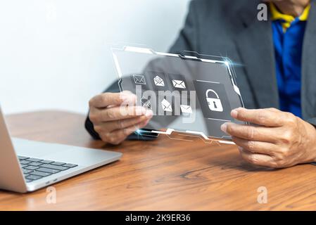 Network of cyber security. Internet technology networking and the padlock icon e mail database information online. Stock Photo