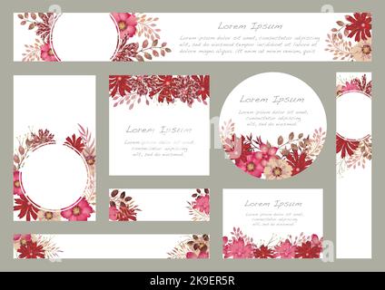Watercolor Floral Backgrounds Set With Text Space Isolated On A Gray Background. Stock Vector