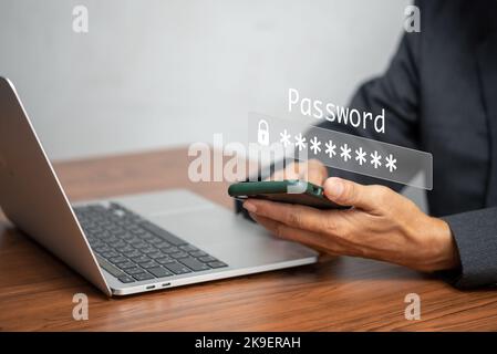 mobile phone cyber password lock or login verification passcode in online app. Data privacy and protection from hacker cybersecurity Global network se Stock Photo