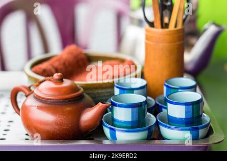Tea set at a local restaurant in Taipei, Taiwan Stock Photo