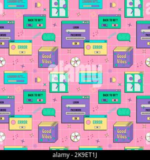 Vaporwave UI and UX elements seamless pattern. PC retro game frame. Nostalgic style 70s, 80s, 90s Stock Vector