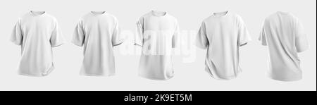 Set Mockup of a white oversized t-shirt 3D rendering, with a round neck, universal clothing for women, men, isolated on background. Template of fashio Stock Photo