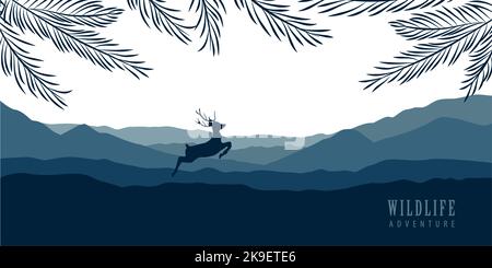 wildlife deer in forest with mountain view blue nature landscape Stock Vector