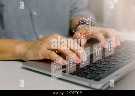 Document Management System (DMS) online software big data manage files knowledge and documentation business Technology. Stock Photo