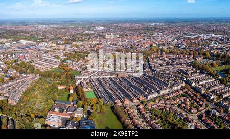 An aerial panorama of the city of York in North Yorkshire with York Minster and housing in Bishopsthorpe Stock Photo