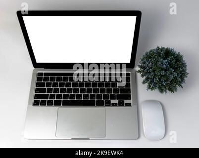 Laptop computer blank screen and mouse on white background. Stock Photo