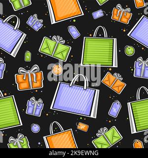 Vector Shopping seamless pattern, square repeating background with illustrations of blue paper bags, orange gift boxes and green decorative price tags Stock Vector
