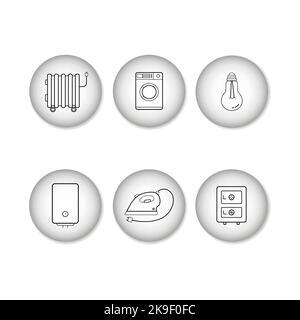 Linear icons of electrical appliances on round backgrounds with 3D effect. Vector icons isolated on white. Stock Vector