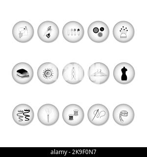 A large set of linear icons for sewing clothes and accessories on round backgrounds with a 3D effect. Vector icons isolated on white. Stock Vector