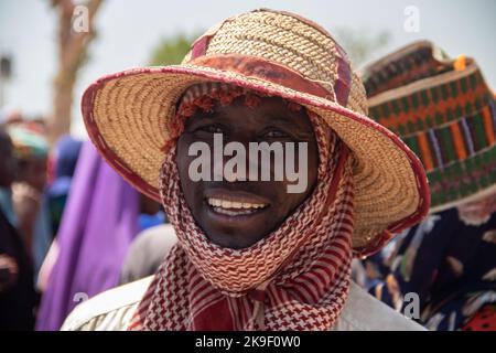 African tribes, Nigeria, Borno State, Maiduguri city. Fulani tribe traditionally dressed in colorful clothing Stock Photo