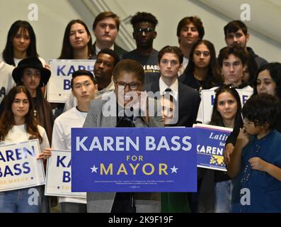 Los Angeles, USA. 27th Oct, 2022. Mayoral candidate Karen Bass addresses supporters at a campaign rally attended by U.S. Sen. Bernie Sanders (I-VT) in Playa Vista, California on Thursday, October 27, 2022. Bass is in a tight runoff race with Democratic mayoral candidate Rick Caruso, a billionaire real estate developer who was registered as a Republican in 2019. Photo by Jim Ruymen/UPI Credit: UPI/Alamy Live News Stock Photo