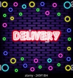 Delivery Neon signboards. Glowing with colorful neon light. Night bright advertising. Stock Vector