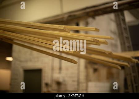 Items in garage. Workplace for creating structure. Production shop. Working tools on table. Stock Photo