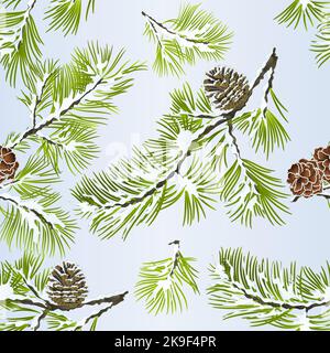 Seamless texture pine tree and pine cones branches winter snowy  natural background vitage vector illustration editable hand draw Stock Vector