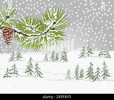 Winter landscape forest and pine  branch and pine cone  snowy  natural background vector illustration editable hand draw Stock Vector