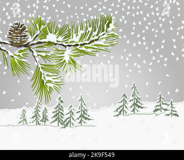 Winter landscape pine tree and pine cone branch winter snowy  natural background vintage vector illustration editable hand draw Stock Vector