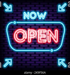 Now Open Neon quote. Neon script. Night bright advertising. Stock Vector