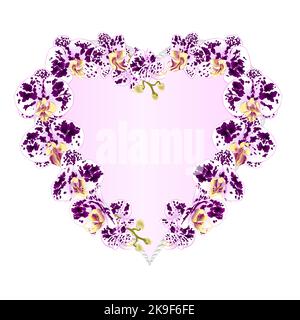 Frame Heart shaped orchids Phalaenopsis spotted purple and white  flowers tropical plants  vintage vector botanical illustration for design editable h Stock Vector