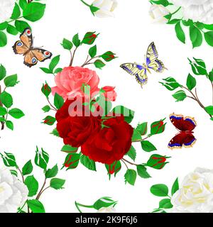 Seamless texture floral  bunch  with white red and pink Roses  and butterflies Stock Vector