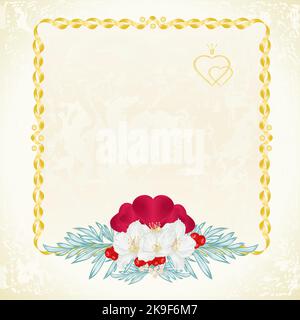 Label gold frame with jasmine and hearts floral festive background vintage vector illustration editable hand draw Stock Vector