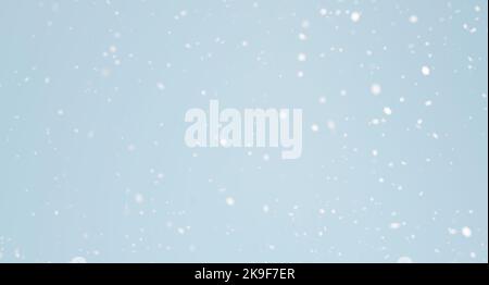 3d rendering of snowfall against blank pale blue background. Seasonal winter theme illustration, falling snow Stock Photo