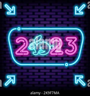 2023 Happy New Year and Merry Christmas Neon quote. Bright signboard. Light art. Stock Vector