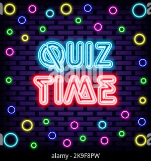 Quiz Time Neon signboards. On brick wall background. Night bright advertising. Stock Vector
