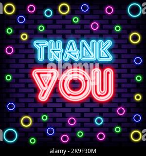Thank You Neon signboards. On brick wall background. Light banner. Stock Vector
