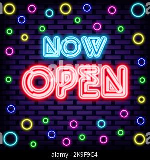 Now Open Neon Sign Vector. Bright signboard. Light art. Stock Vector