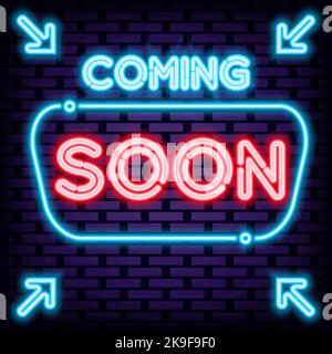 Coming Soon Badge in neon style. Neon script. Neon text. Stock Vector