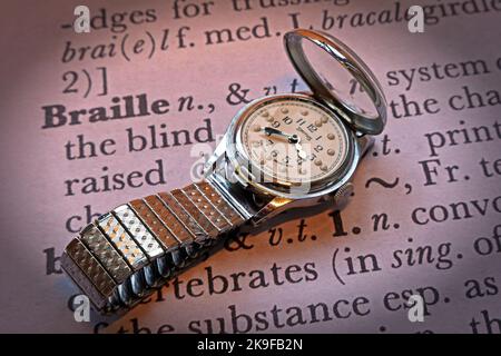 Smiths English made movement ,Braille watch for blind use RNIB, Swiss dial Stock Photo