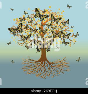 A tree of life, also called yggdrasil, with swallowtail butterflies in the crown. The roots of the tree are visible. Stock Vector