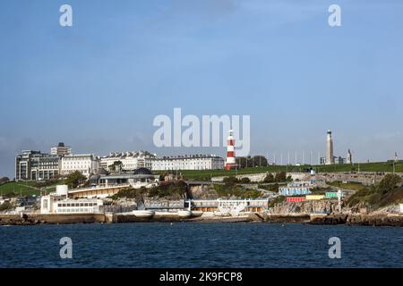 Plymouth Hoe from Mount Batten, Tinside Lido and swimming facilities plus The Ocean View, cafe’s and Smeaton’s Tower are included. Stock Photo