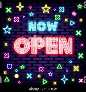 Now Open Neon sign. On brick wall background. Neon text. Stock Vector