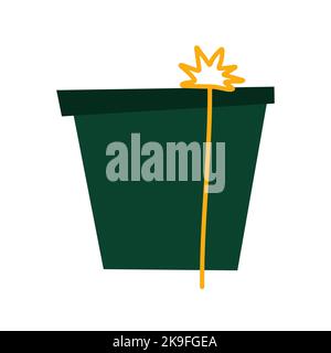 Cartoon Christmas gift. Green color simple present isolated on white background. New Year, Valentines Day, Birthday greeting card. Decorated wrapped b Stock Vector