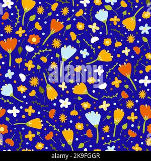 Seamless cartoon abstract flower pattern. Color floret on blue background. Hand-drawn plant, petal. Stylized peonies, rose, tulip, chamomile. Summer r Stock Vector