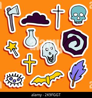 Doodle Halloween sticker set. Hand-drawn autumn ax, skull, bat, flask, cross, eye on orange background. Cute scary horror banner for fall holidays, Da Stock Vector