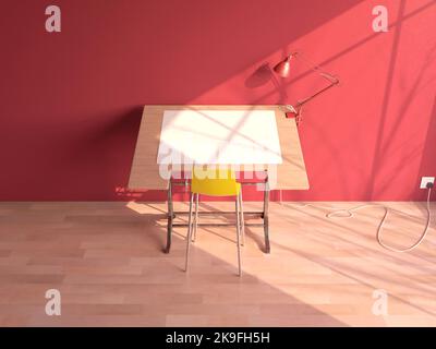 A vintage draftsmans desk workstation with a classic desk lamp and a sheet of blank paper in a pink walled room in the daytime - 3D render Stock Photo