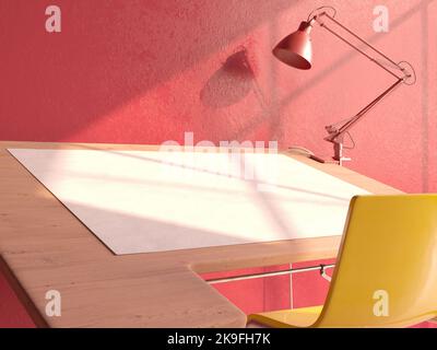 A vintage draftsmans desk workstation with a classic desk lamp and a sheet of blank paper in a pink walled room in the daytime - 3D render Stock Photo