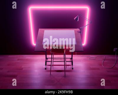 A vintage draftsmans desk workstation in the dark framed by an illuminated pink neon light - 3D render Stock Photo