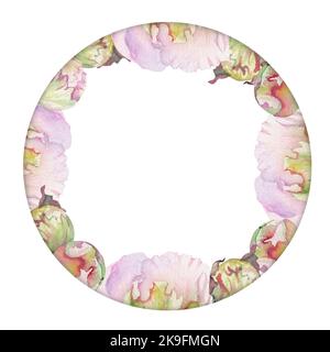 Watercolor circle frame arrangement with hand drawn delicate pink peony flowers, buds and leaves. Isolated on white background. For invitations Stock Photo