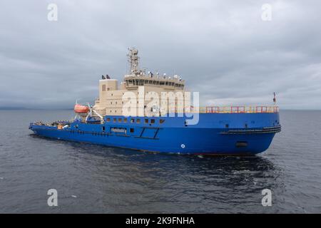 The ice breaker with a platform for helicopter landing, in the middle of a gulf. Stock Photo