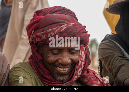 African tribes, Nigeria, Borno State, Maiduguri city. Fulani tribe traditionally dressed in colorful clothing Stock Photo