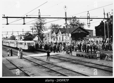 Billesholm station from Last Train's arrival at Billesholm and the last train departure from Billesholm on May 29, 1960. The name was 1943 Billesholm's mine. The station built in 1875 by Lion, Landskrona - Engelholm's railways. The station built in 1876. One -story station house in stone. Stock Photo