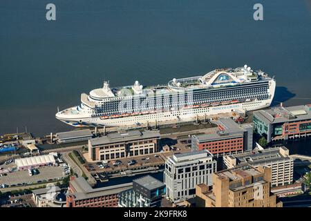 Cruise Ship Emerald Princess, Princess Cruises Company, at Liverpool Pier Head, Merseyside, north west England, UK Stock Photo
