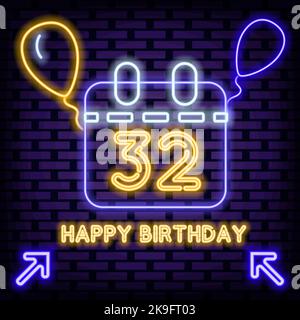 32th Happy Birthday 32 Year old Neon quote. Glowing with colorful neon light. Light banner. Stock Vector