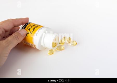 Bottle of Evening Primrose Oil Capsules Stock Photo