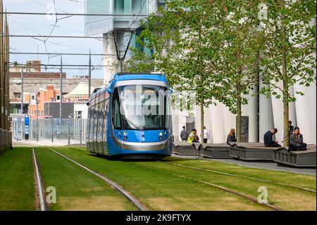 West Midlands Metro tram bound for Edgbaston Village in Birmingham city centre, England. Stock Photo